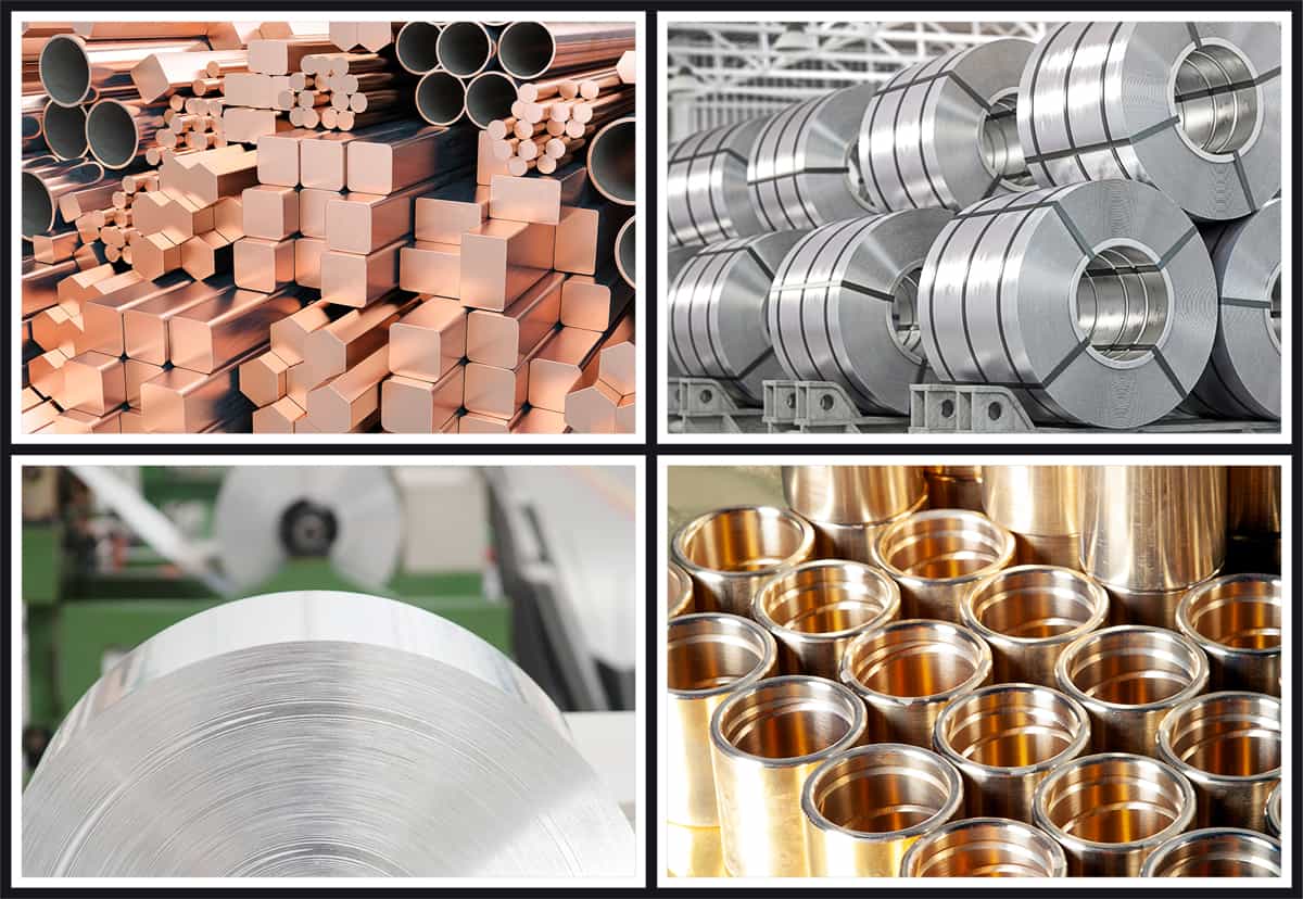 Raw Materials for Complex Metal Fabrication: Steel, Copper, Brass, and Aluminum.