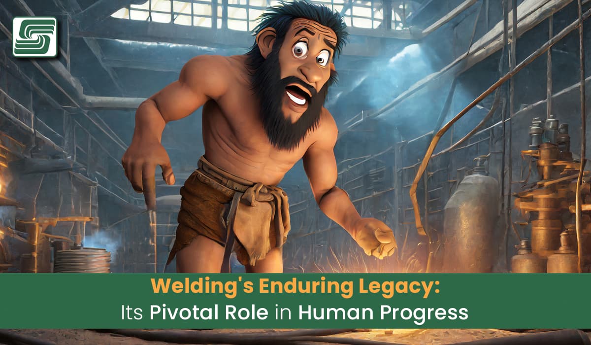 welding's role in human progress image - a caveman looking bewildered at welding equipment
