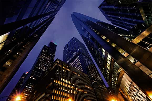 View of skyscrapers from street level with examples of architectural embeds